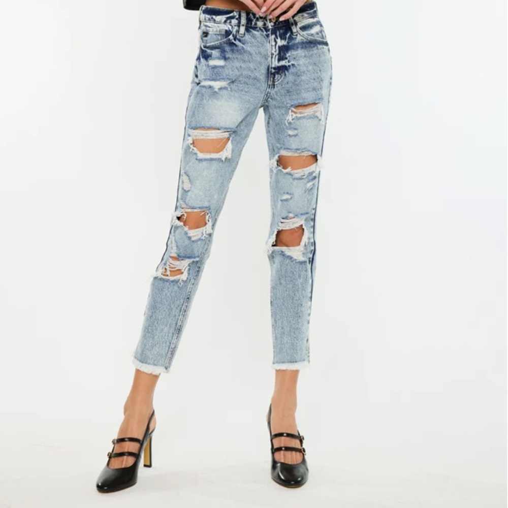 KANCAN Collie High Rise Distressed Mom Jeans Acid Washed Blue Womens Size 9/28